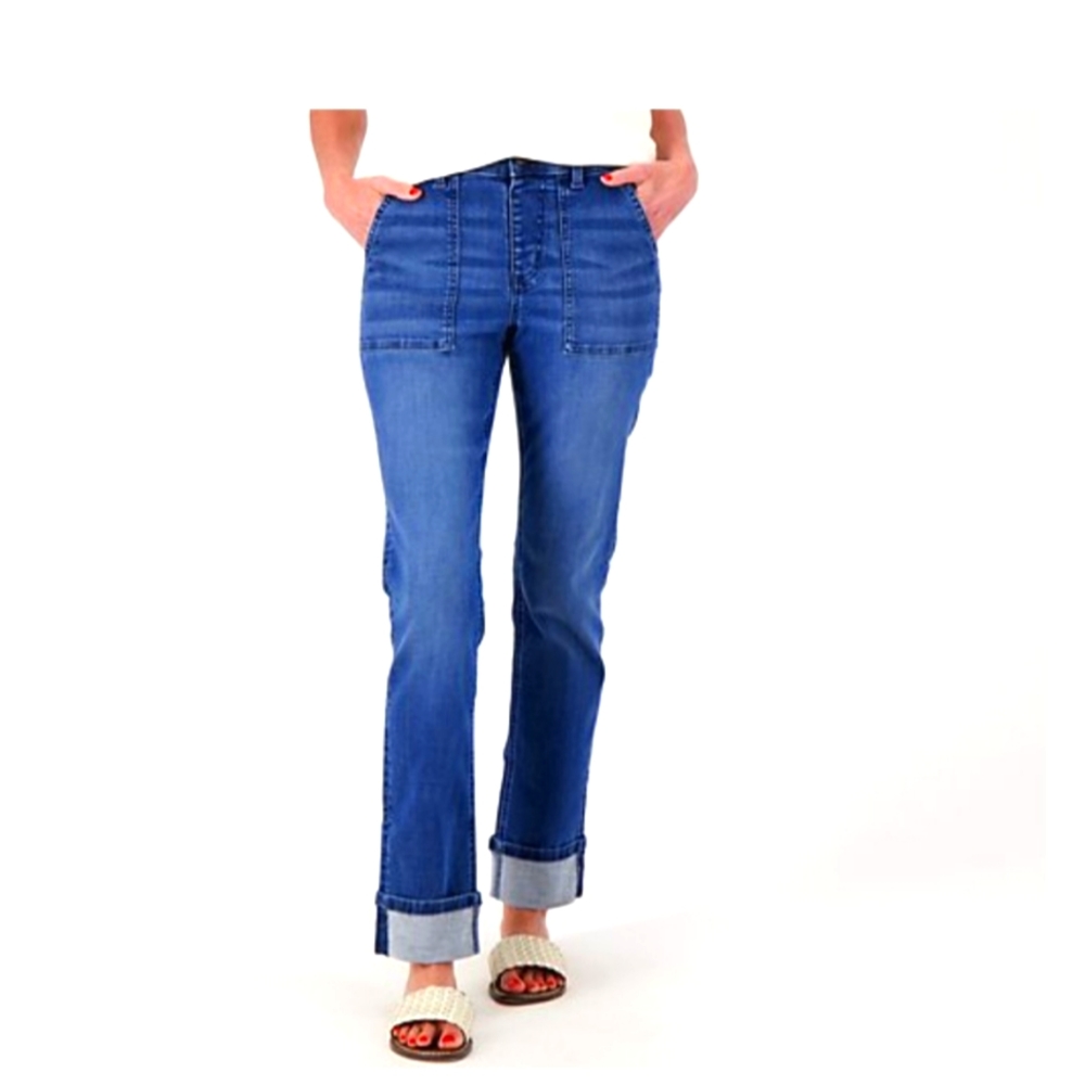 QVC Denim & Co. Easy Stretch Denim Regular Utility Jean Plus 26 Medium Wash